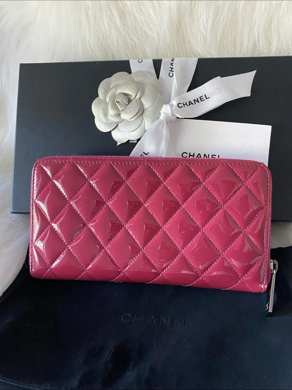 Chanel Patent Leather Brilliant Matelassé Long Zip Wallet in Rose Pink in Box